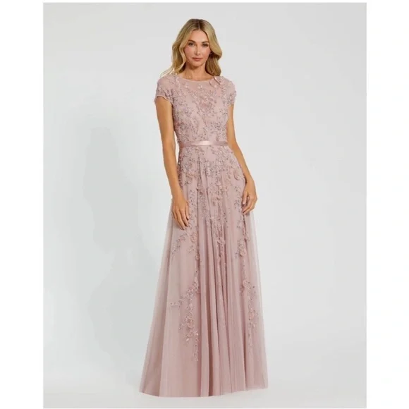Mac Duggal 14521 Pink Floral Embellished Cap Sleeve Gown sz 12